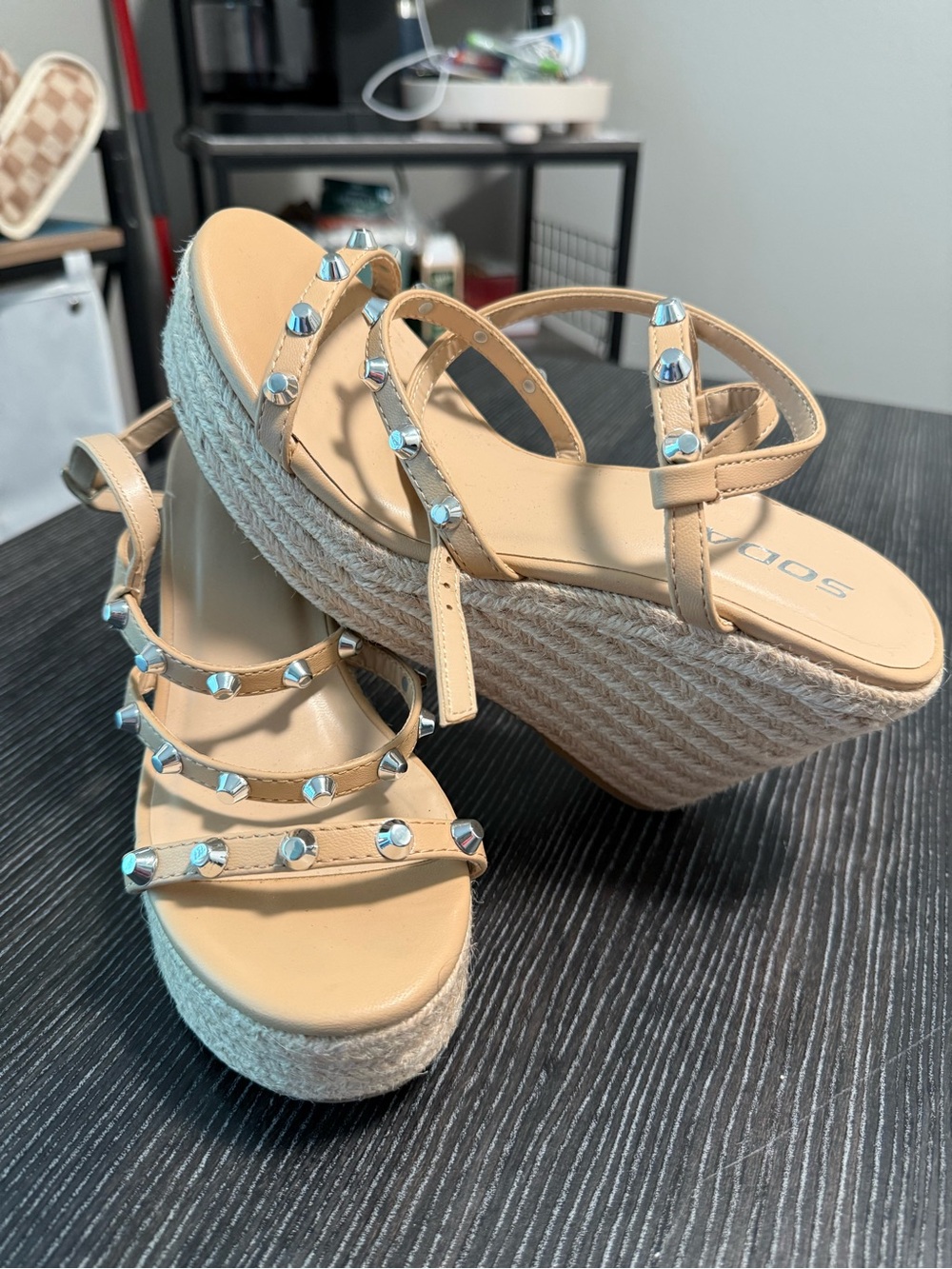SODA Studded Espadrille Platform Sandals Nude Size 7.5